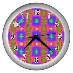 Groovy Purple Green Pink Square Pattern Wall Clock (silver) by BrightVibesDesign