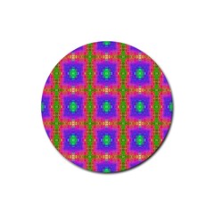 Groovy Purple Green Pink Square Pattern Rubber Round Coaster (4 Pack)  by BrightVibesDesign