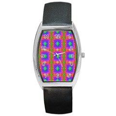 Groovy Purple Green Pink Square Pattern Barrel Style Metal Watch by BrightVibesDesign