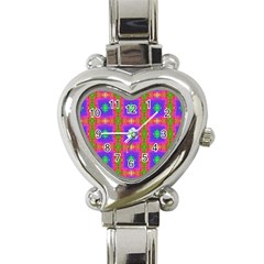 Groovy Purple Green Pink Square Pattern Heart Italian Charm Watch by BrightVibesDesign