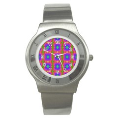 Groovy Purple Green Pink Square Pattern Stainless Steel Watch by BrightVibesDesign