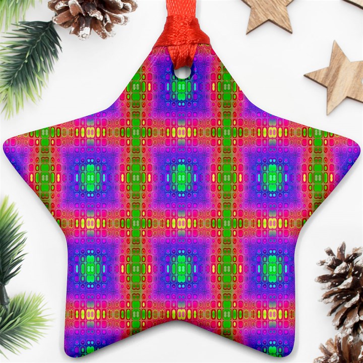 Groovy Purple Green Pink Square Pattern Star Ornament (Two Sides)