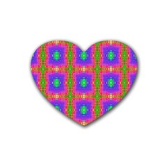 Groovy Purple Green Pink Square Pattern Rubber Coaster (heart)  by BrightVibesDesign