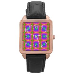 Groovy Purple Green Pink Square Pattern Rose Gold Leather Watch  by BrightVibesDesign