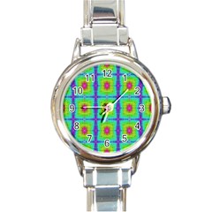 Groovy Yellow Pink Purple Square Pattern Round Italian Charm Watch by BrightVibesDesign