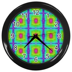 Groovy Yellow Pink Purple Square Pattern Wall Clock (black) by BrightVibesDesign