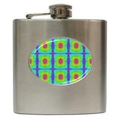 Groovy Yellow Pink Purple Square Pattern Hip Flask (6 Oz) by BrightVibesDesign