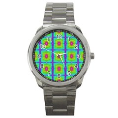 Groovy Yellow Pink Purple Square Pattern Sport Metal Watch by BrightVibesDesign