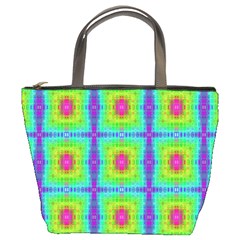 Groovy Yellow Pink Purple Square Pattern Bucket Bag by BrightVibesDesign