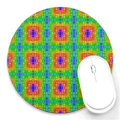 Groovy Purple Green Blue Orange Square Pattern Round Mousepads by BrightVibesDesign