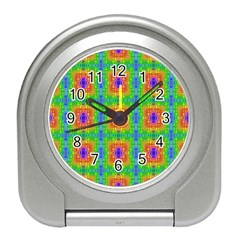 Groovy Purple Green Blue Orange Square Pattern Travel Alarm Clock by BrightVibesDesign