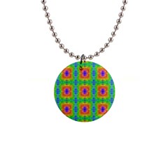 Groovy Purple Green Blue Orange Square Pattern 1  Button Necklace by BrightVibesDesign