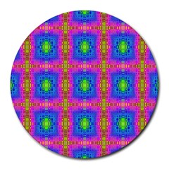 Groovy Pink Blue Yellow Square Pattern Round Mousepads by BrightVibesDesign