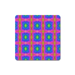 Groovy Pink Blue Yellow Square Pattern Square Magnet by BrightVibesDesign