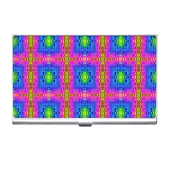 Groovy Pink Blue Yellow Square Pattern Business Card Holder by BrightVibesDesign