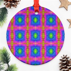 Groovy Pink Blue Yellow Square Pattern Round Ornament (two Sides)