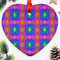 Groovy Pink Blue Yellow Square Pattern Heart Ornament (two Sides)