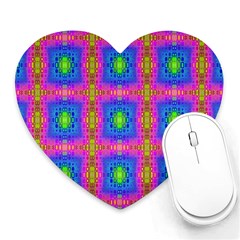 Groovy Pink Blue Yellow Square Pattern Heart Mousepads by BrightVibesDesign