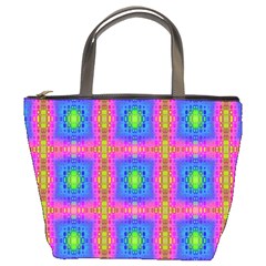 Groovy Pink Blue Yellow Square Pattern Bucket Bag by BrightVibesDesign