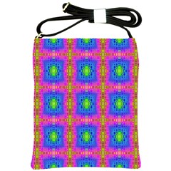 Groovy Pink Blue Yellow Square Pattern Shoulder Sling Bag by BrightVibesDesign