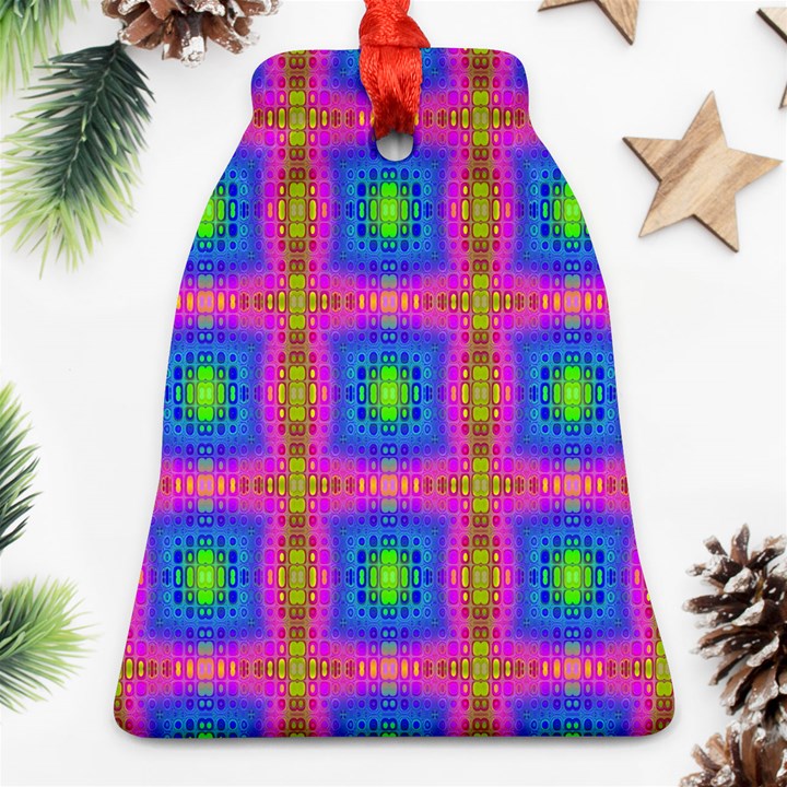 Groovy Pink Blue Yellow Square Pattern Ornament (Bell)