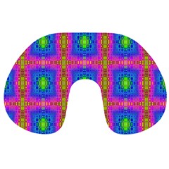 Groovy Pink Blue Yellow Square Pattern Travel Neck Pillow by BrightVibesDesign