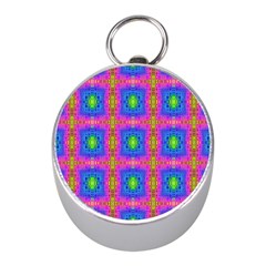 Groovy Pink Blue Yellow Square Pattern Mini Silver Compasses