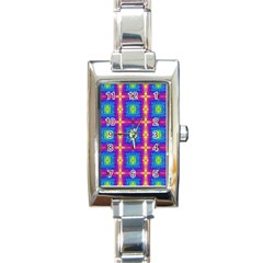 Groovy Blue Pink Yellow Square Pattern Rectangle Italian Charm Watch by BrightVibesDesign