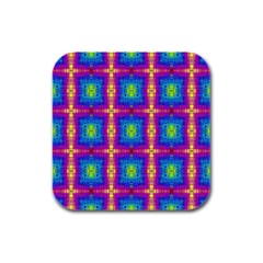 Groovy Blue Pink Yellow Square Pattern Rubber Square Coaster (4 Pack)  by BrightVibesDesign