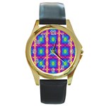 Groovy Blue Pink Yellow Square Pattern Round Gold Metal Watch Front