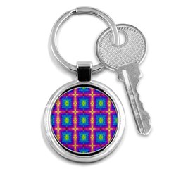 Groovy Blue Pink Yellow Square Pattern Key Chain (round) by BrightVibesDesign