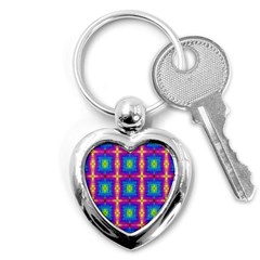 Groovy Blue Pink Yellow Square Pattern Key Chain (heart)