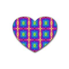 Groovy Blue Pink Yellow Square Pattern Heart Coaster (4 Pack) 