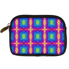 Groovy Blue Pink Yellow Square Pattern Digital Camera Leather Case by BrightVibesDesign