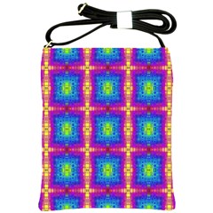 Groovy Blue Pink Yellow Square Pattern Shoulder Sling Bag by BrightVibesDesign