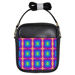 Groovy Blue Pink Yellow Square Pattern Girls Sling Bag by BrightVibesDesign