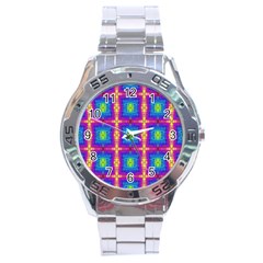 Groovy Blue Pink Yellow Square Pattern Stainless Steel Analogue Watch by BrightVibesDesign