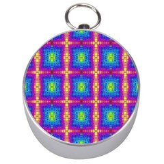 Groovy Blue Pink Yellow Square Pattern Silver Compasses by BrightVibesDesign