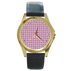 Argyle Light Red Pattern Round Gold Metal Watch by BrightVibesDesign