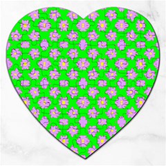 Modern Pink Flowers  On Green Jigsaw Puzzle (heart) by BrightVibesDesign