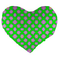 Modern Pink Flowers  On Green Large 19  Premium Heart Shape Cushions by BrightVibesDesign