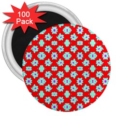 Modern Turquoise Flowers  On Red 3  Magnets (100 Pack) by BrightVibesDesign