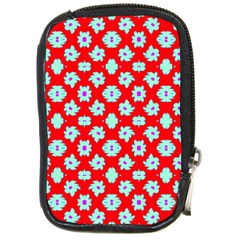 Modern Turquoise Flowers  On Red Compact Camera Leather Case by BrightVibesDesign