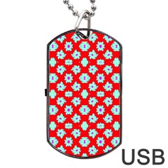 Modern Turquoise Flowers  On Red Dog Tag Usb Flash (two Sides) by BrightVibesDesign