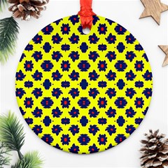 Modern Dark Blue Flowers On Yellow Ornament (round) by BrightVibesDesign