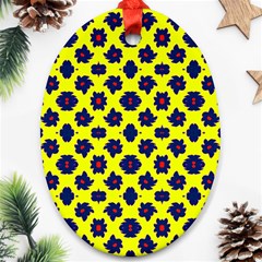 Modern Dark Blue Flowers On Yellow Ornament (oval) by BrightVibesDesign