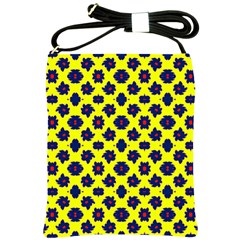 Modern Dark Blue Flowers On Yellow Shoulder Sling Bag by BrightVibesDesign