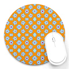 Modern Blue Flowers  On Orange Round Mousepads by BrightVibesDesign