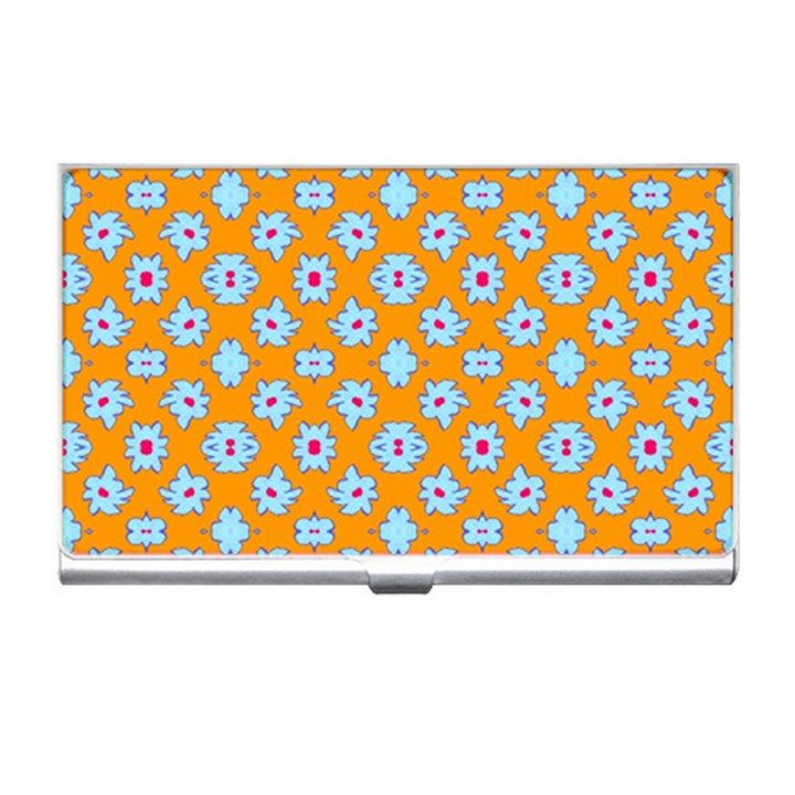 Modern Blue Flowers  On Orange Business Card Holder