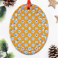 Modern Blue Flowers  On Orange Ornament (oval Filigree) by BrightVibesDesign